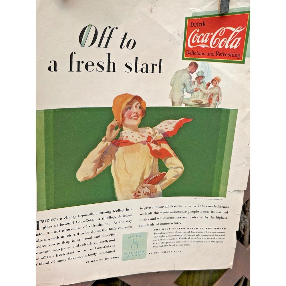 1929 Coca Cola "Off To A Fresh Start" Flapper Girl Scarf Coke Soda Print Ad